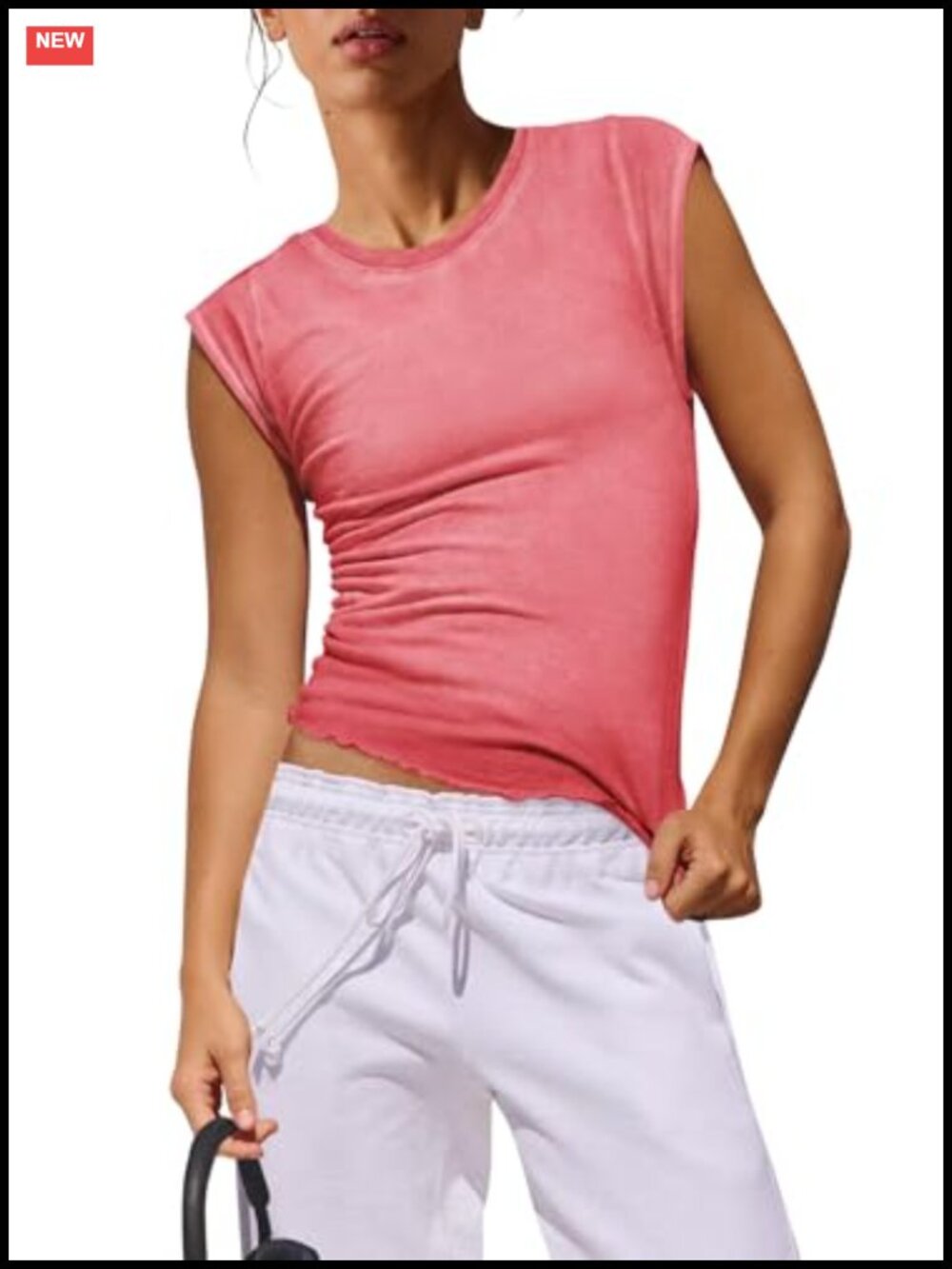 Womens Ribbed Workout Top Cap Sleeve Fitted Crew Neck Ruffled Hem Tee
